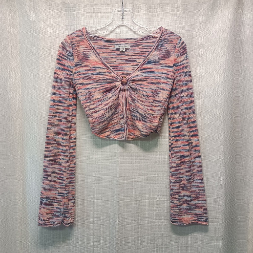 American Eagle Women XS Space Dye Y2K‎ 70s Bell Sleeve Ring-Front Sweater Top
